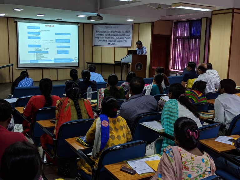 Researchers attending a briefing on the RVICS rotavirus vaccine trial