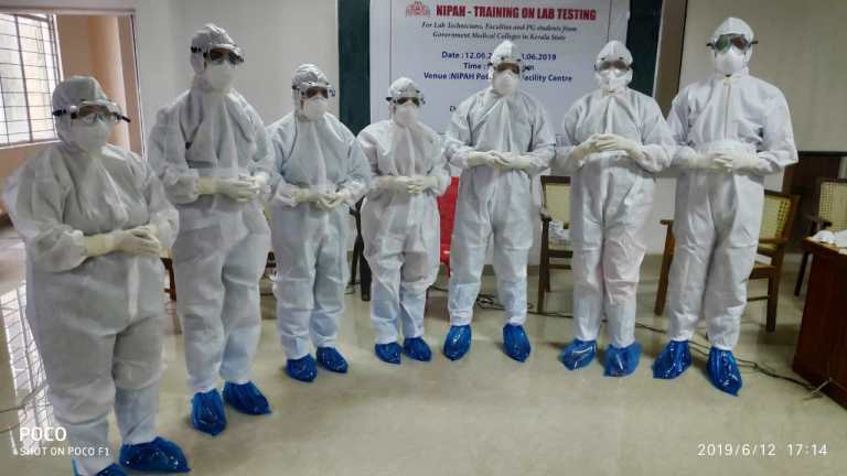 Laboratory team wearing protective equipment during a 2019 training session