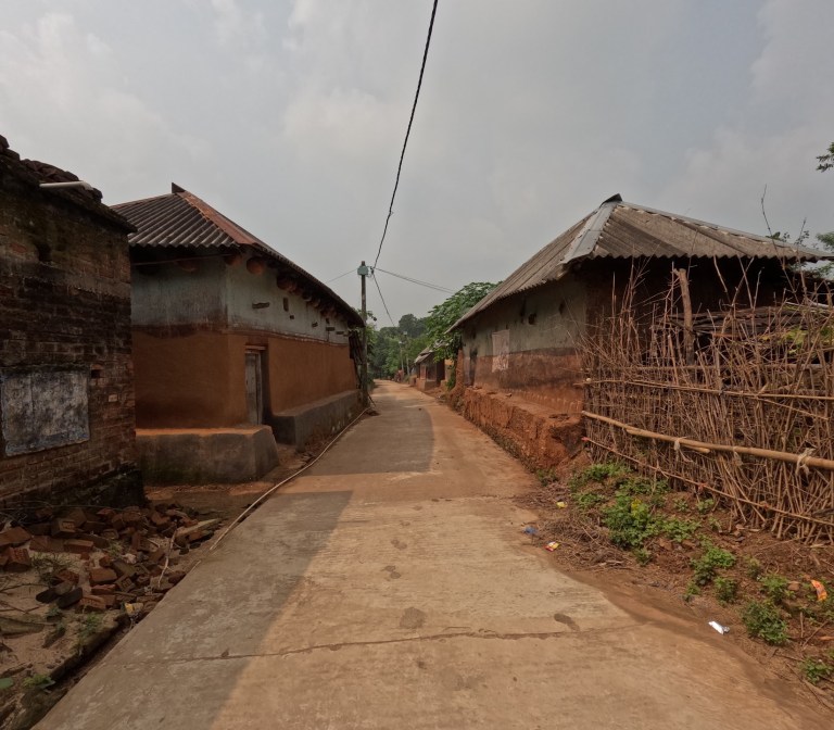 A village lane between tiled-roof houses and woven fencing